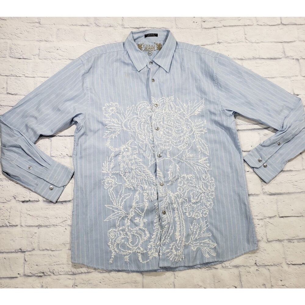 FUSAI Jeans MENS XXL Blue Striped Long Sleeve Embroidered Floral Western Shirt